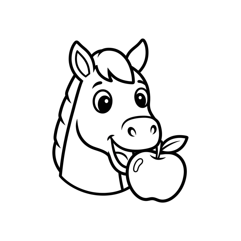 Pferd frisst einen leckeren Apfel zum Ausmalen