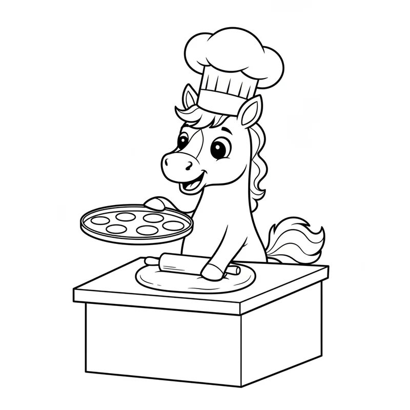 Pferd mit Kochmütze und Keksen zum Ausmalen