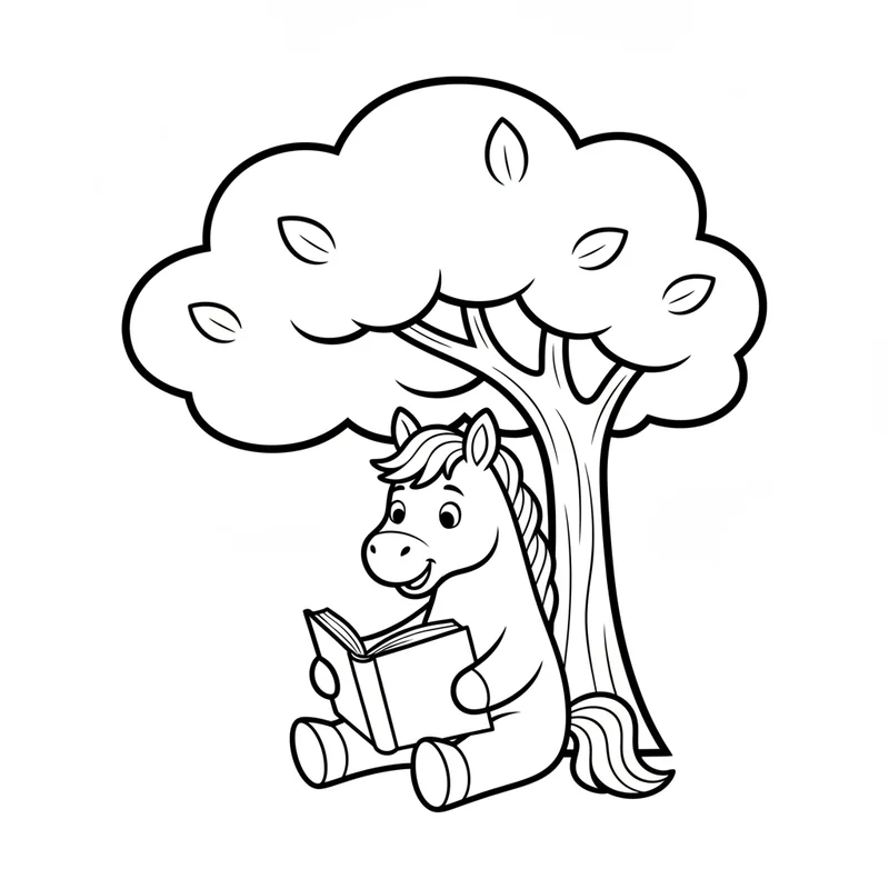 Pferd liest unter dem Baum zum Ausmalen