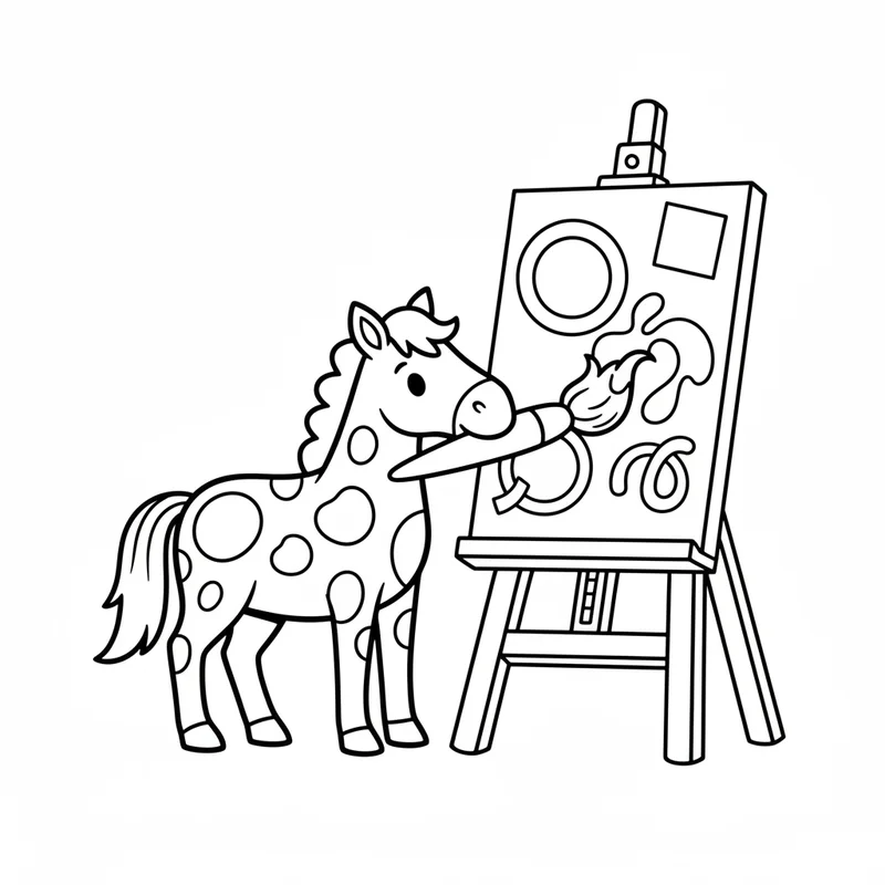 Fröhliches Pferd malt an Staffelei zum Ausmalen