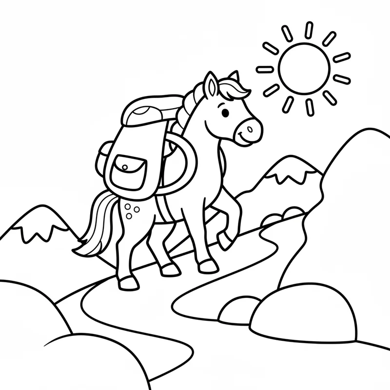 Pferd mit Rucksack zum Ausmalen