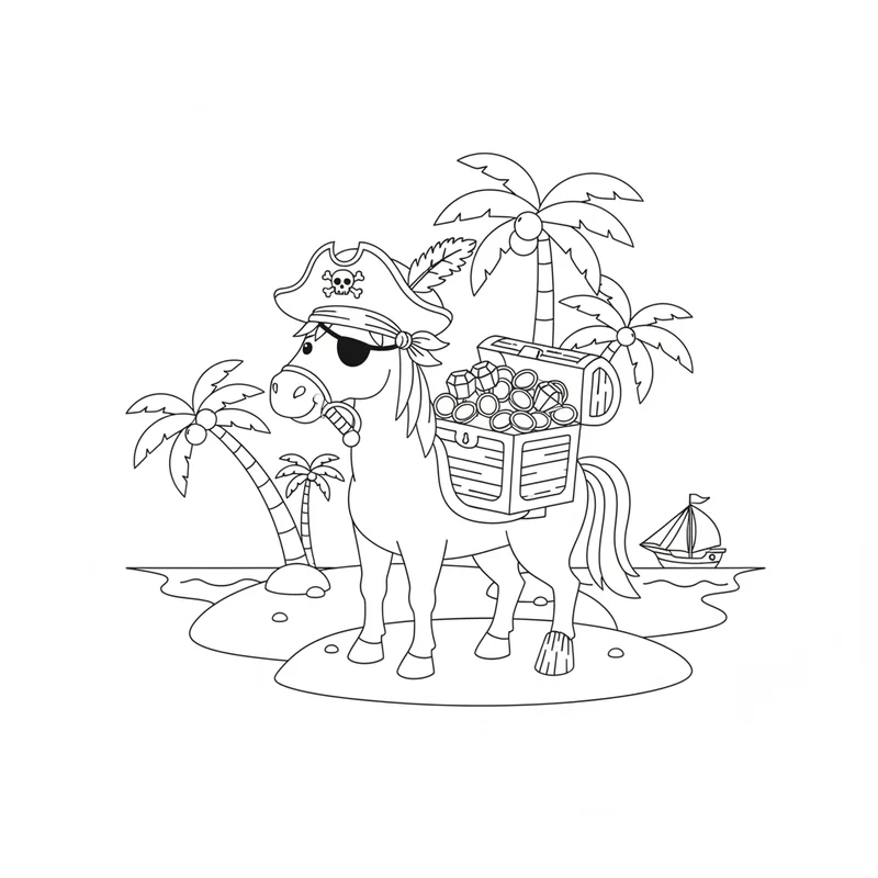 Piraten-Pferd auf der Schatzinsel zum Ausmalen