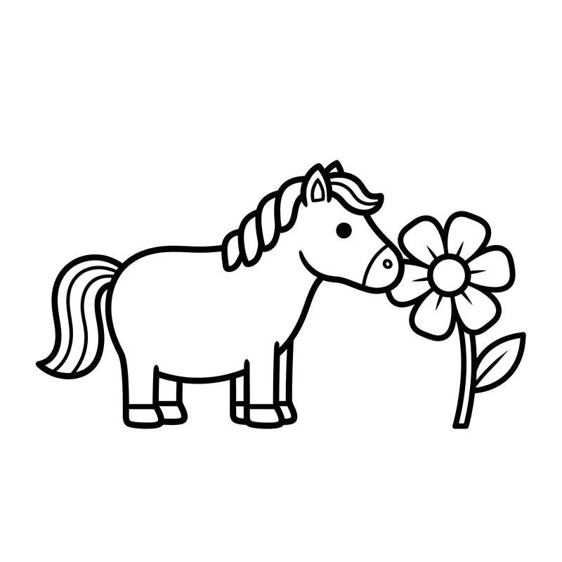 Pferd schnuppert an großer Blume zum Ausmalen
