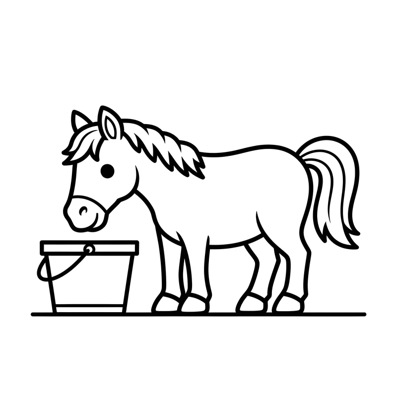 Pferd trinkt aus Eimer – Süßes Motiv zum Ausmalen