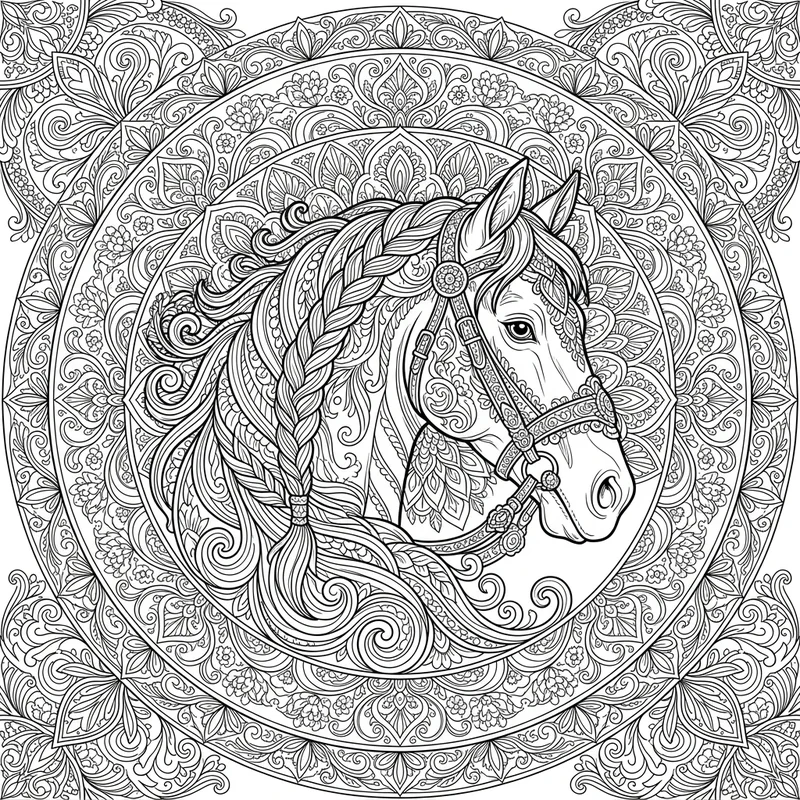 Pferdekopf-Mandala filigran – Pferde Ausmalbild kostenlos