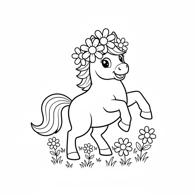 Pony mit Blumenkrone zum Ausmalen