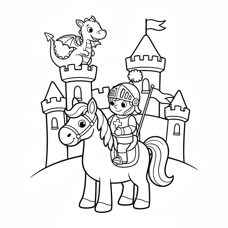 Ritter, Pferd und freundlicher Drache zum Ausmalen