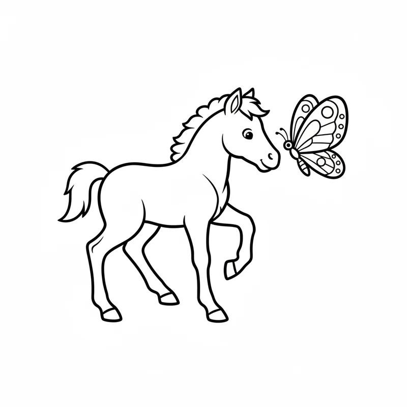Süßes Fohlen mit Schmetterling zum Ausmalen