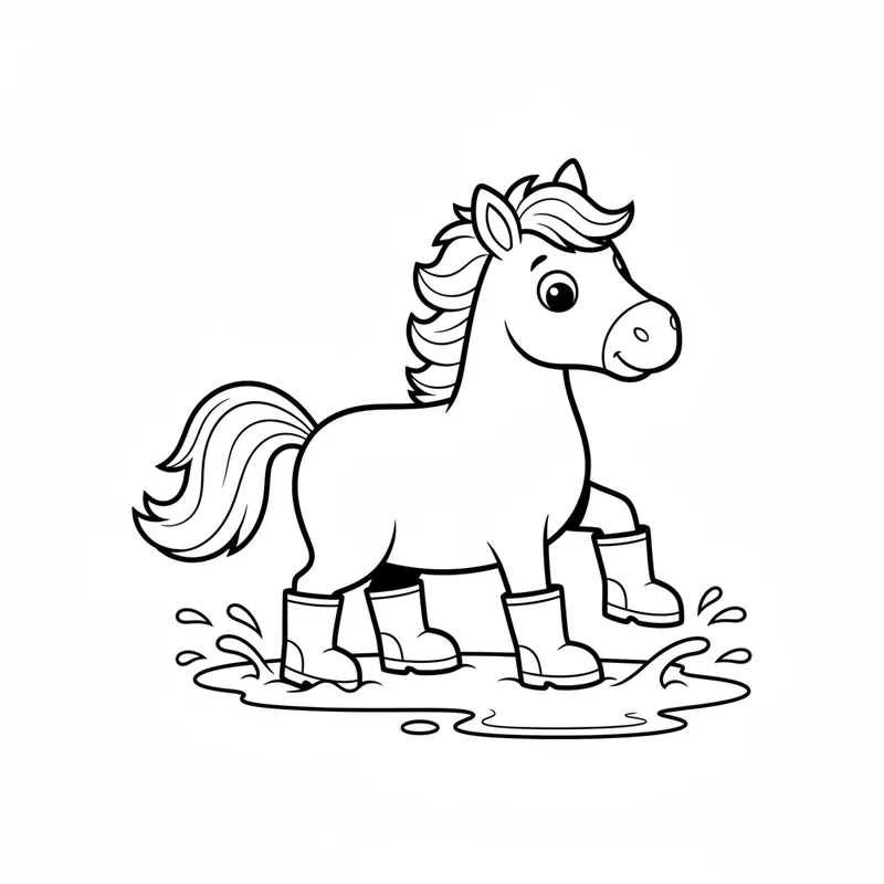 Verspieltes Pferdchen in Gummistiefeln zum Ausmalen