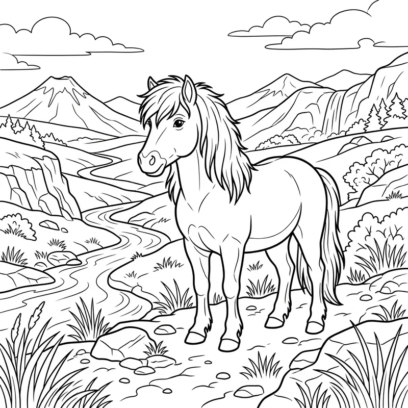 Islandpony in wilder Landschaft – Pony Ausmalbild kostenlos
