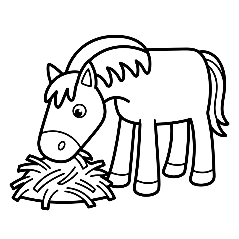 Kleines Pony frisst Heu – Pony Ausmalbild kostenlos