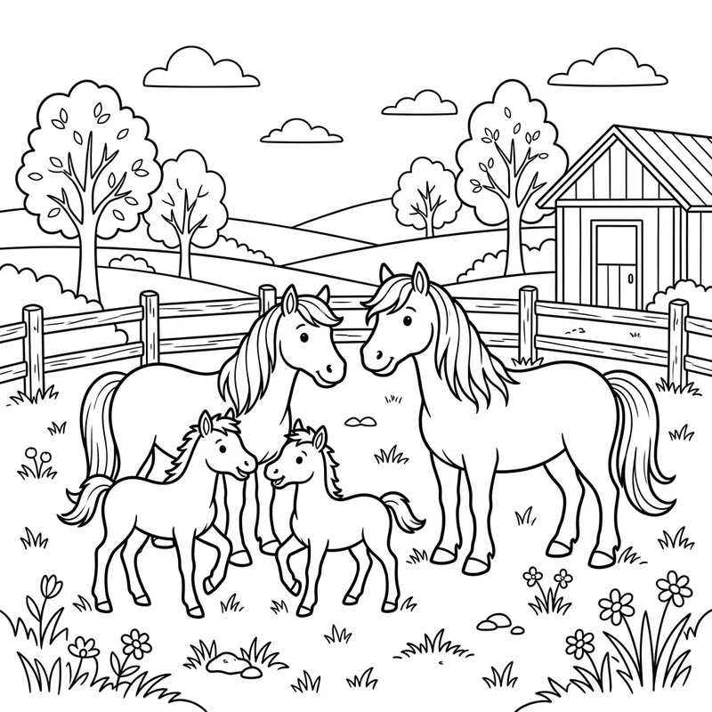 Pony-Familie auf der Koppel – Pony Ausmalbild kostenlos