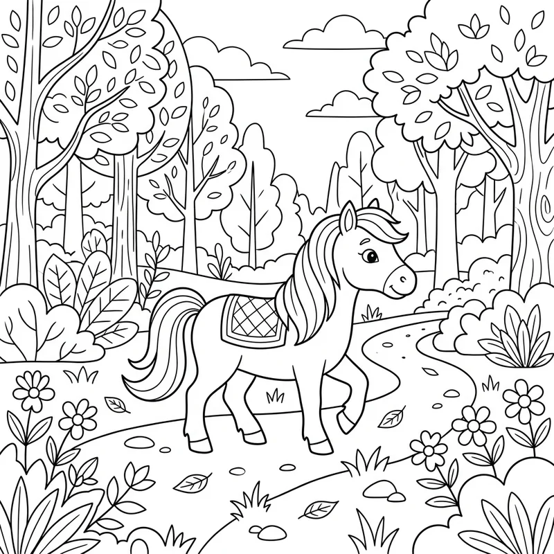 Pony im Wald – Pony Ausmalbild kostenlos