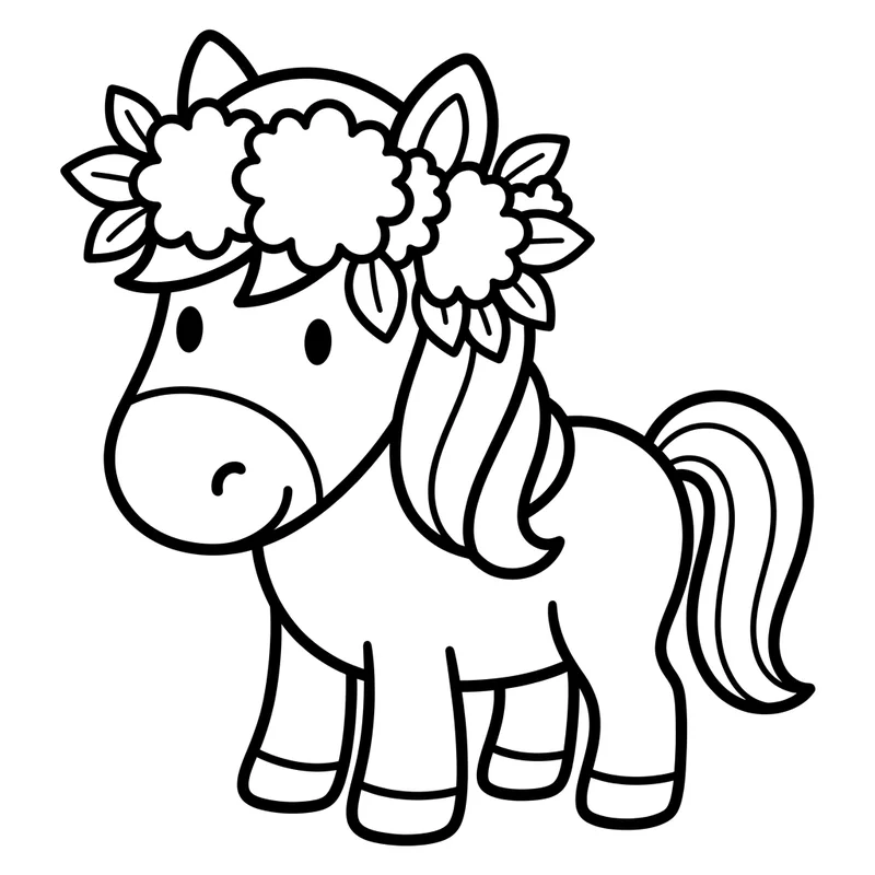 Pony mit Blumenkranz – Pony Ausmalbild kostenlos