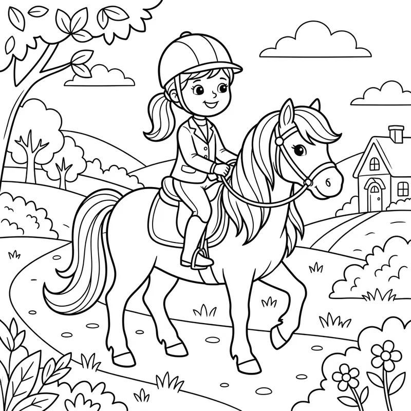 Pony mit kleiner Reiterin – Pony Ausmalbild kostenlos