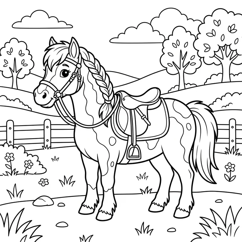 Pony mit Sattel und Zaumzeug – Pony Ausmalbild kostenlos