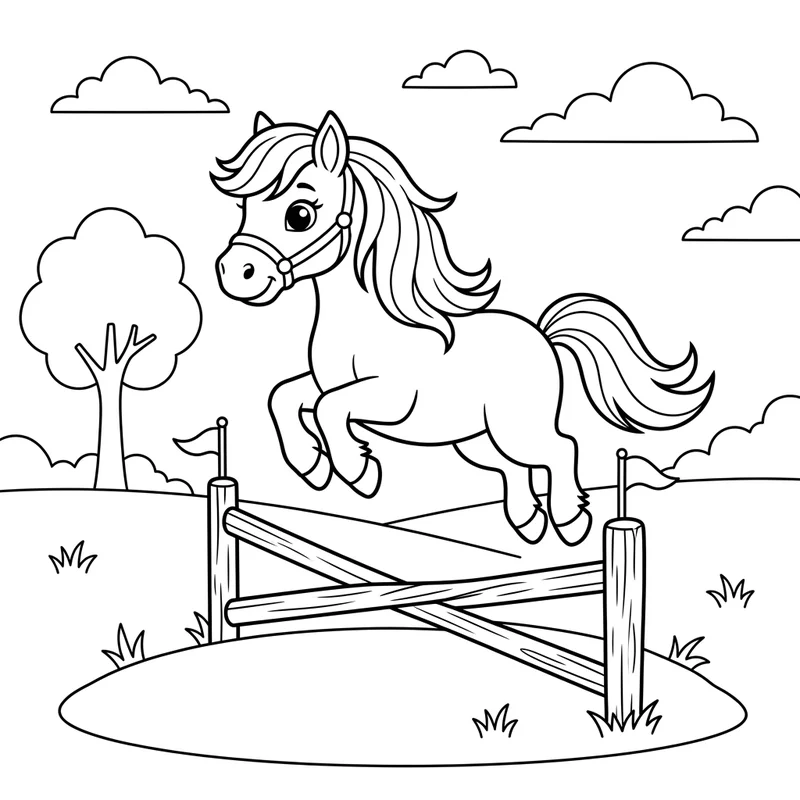Pony springt über Hindernis – Pony Ausmalbild kostenlos