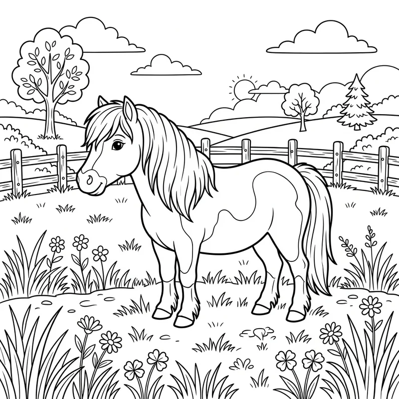Shetlandpony auf der Weide – Pony Ausmalbild kostenlos
