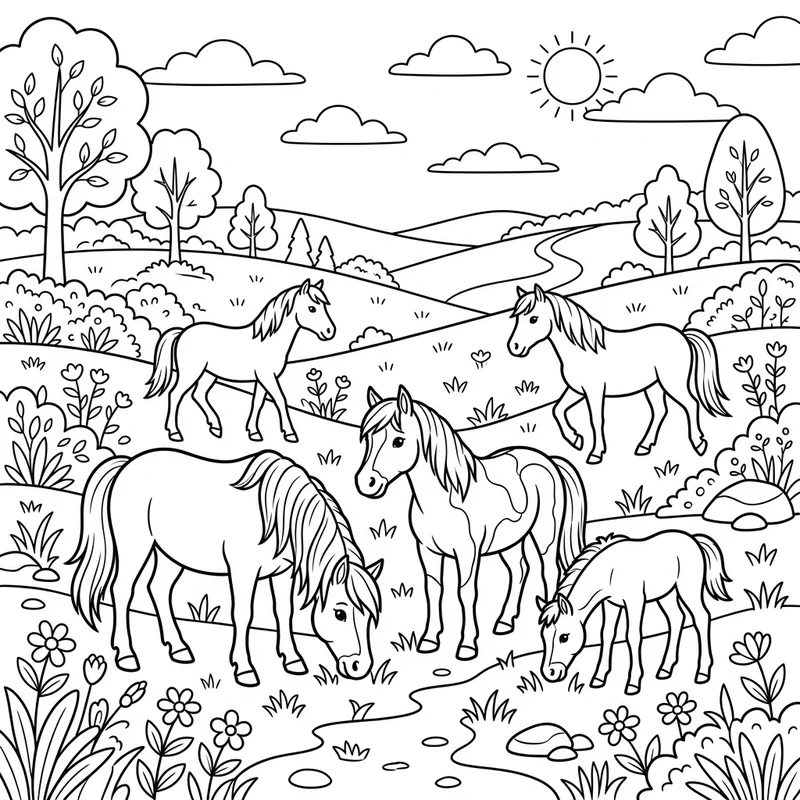 Wildpony-Herde in der Natur – Pony Ausmalbild kostenlos
