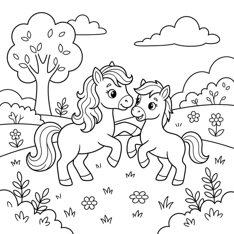 Zwei Ponys spielen zusammen – Pony Ausmalbild kostenlos
