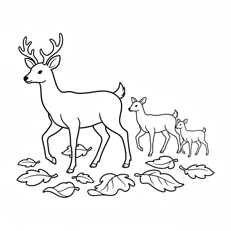 Hirsch mit Rehfamilie im Herbst zum Ausmalen