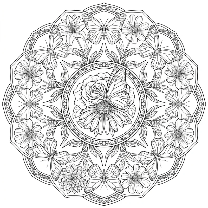 Schmetterling-Blumenmandala – Schmetterling Ausmalbild kostenlos