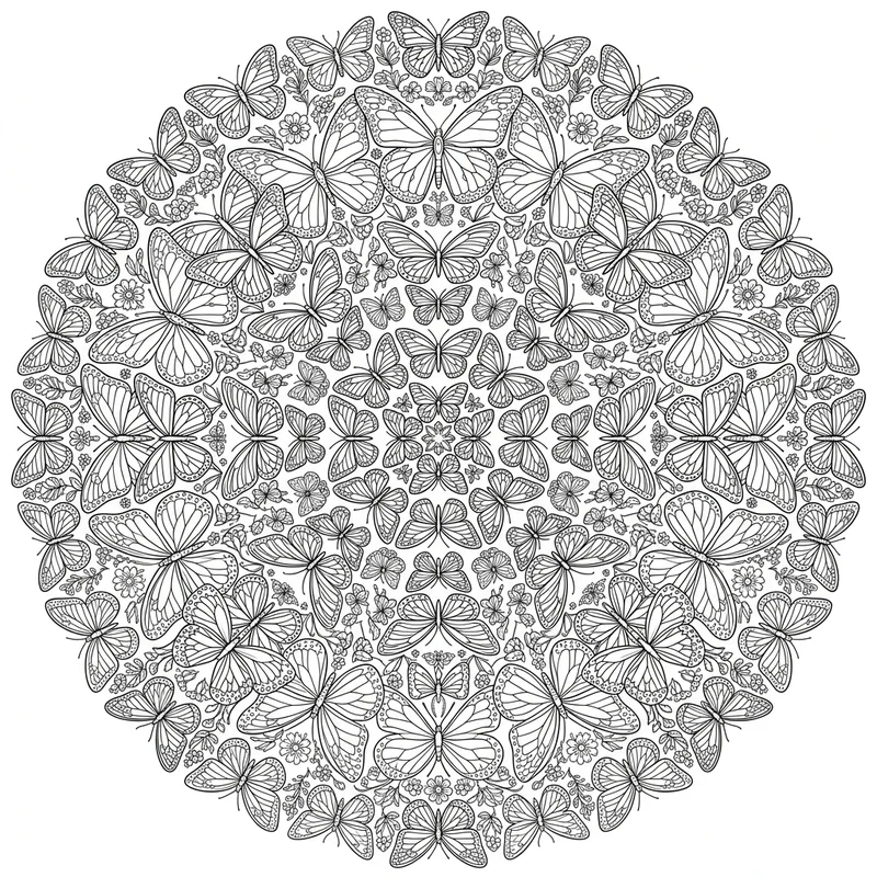 Schmetterlinge im Kreismandala – Schmetterling Ausmalbild kostenlos