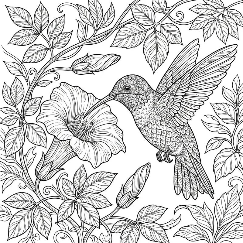 Kolibri an Blume Malvorlage – Vogel Ausmalbild kostenlos