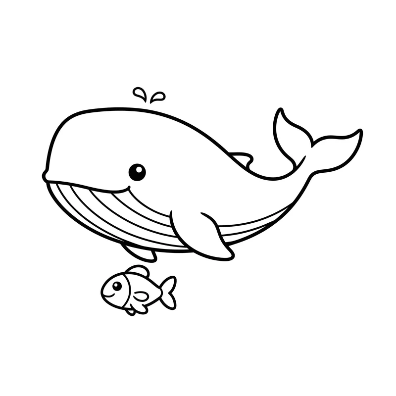 Freundlicher Wal mit kleinem Fisch zum Ausmalen