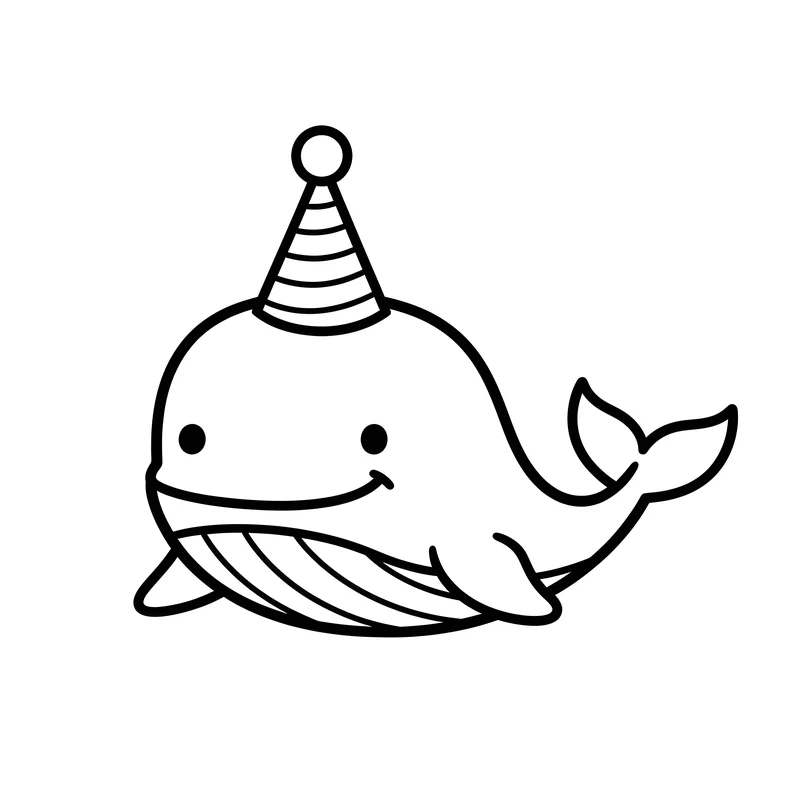 Fröhlicher Wal mit Partyhut zum Ausmalen