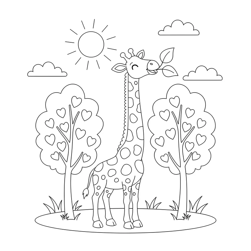 Giraffe frisst Blätter von hohen Bäumen im Zoo zum Ausmalen