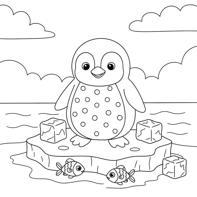 Pinguin auf Eis mit Fischen zum Ausmalen